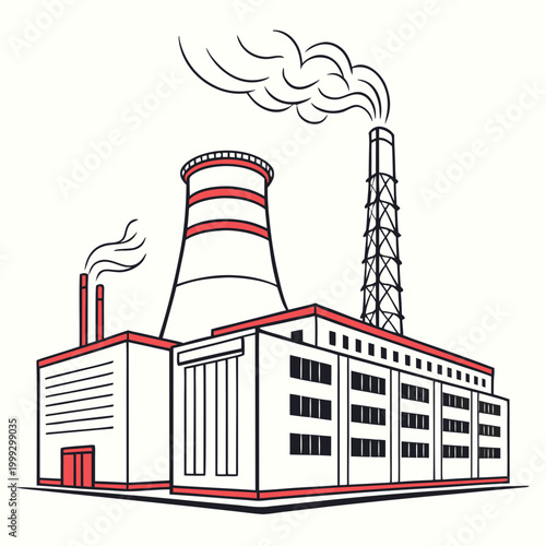 industrial power plant with chimney stacks line drawing illustration high quality