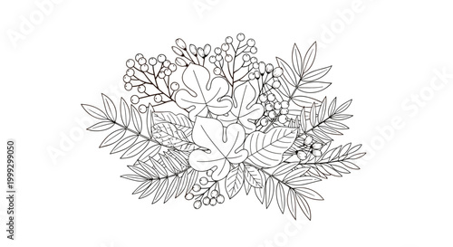 Lush arrangement of different autumn leaves, ferns, and clusters of berries is rendered in detailed black and white line art on white space.