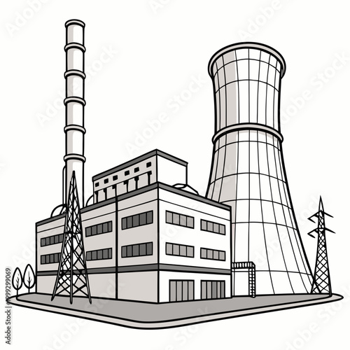 Power plant illustration with cooling towers and transmission lines high quality