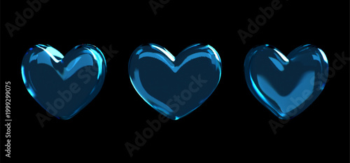 3D blue crystal glass heart with refractive and holographic effects. Romantic glossy soapy heart. Valentine day symbol.