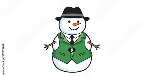 Sophisticated snowman character is dressed in a black fedora, white collared shirt, black tie, and a green buttoned vest for a dapper look.