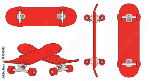 Red Skateboards Collection: Top, Side, Front Views and Crossed
