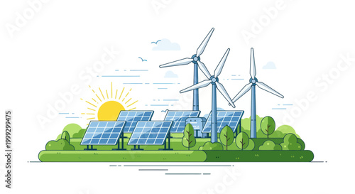 Renewable Energy Farm: Solar Panels and Wind Turbines in Sunny Landscape