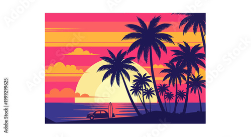 Tropical Sunset Beach Landscape with Palm Trees and Car