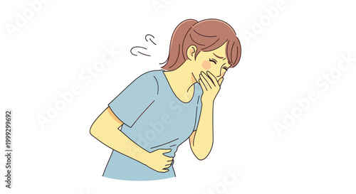 Woman feeling sick, covering mouth and holding stomach, nausea symptom illustration