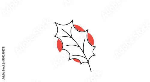 Festive graphic shows a black and white line drawing of a single spiky holly leaf positioned over a solid bright red circle on white.