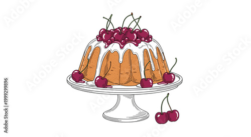 Delicious bundt cake drizzled with thick white icing and topped with red cherries sits on an elegant pedestal cake stand with extra fruit.