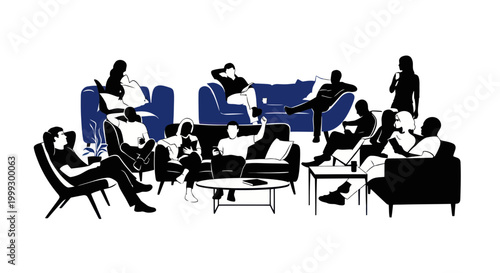 Diverse group of people relaxing and socializing in a modern lounge area