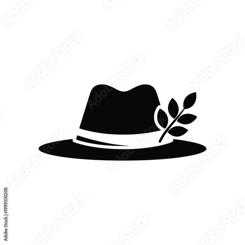 Black fedora hat with leaf decoration isolated on white background