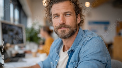 A ruggedly handsome man at work confidently looks at the camera, showcasing creativity and professionalism in a modern office setting with several work elements around him.
