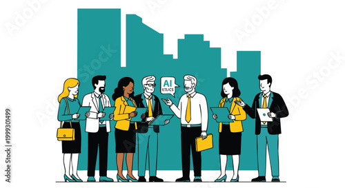 Group of business people discussing AI ethics in front of cityscape