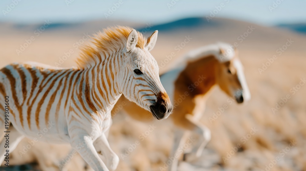 Obraz premium Two uniquely striping zebras gallop across golden plains, emphasizing the natural beauty of wildlife and the captivating patterns of these majestic creatures in their habitat.