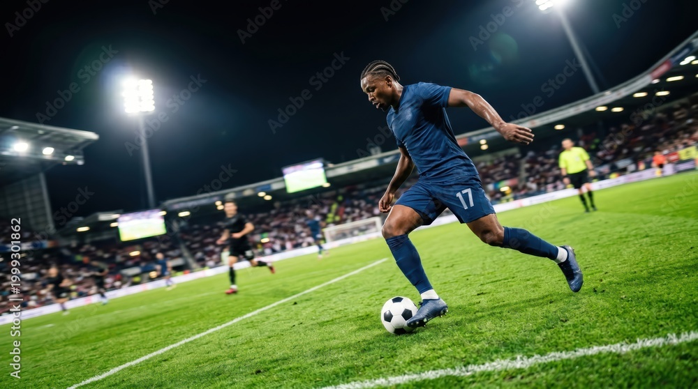 Naklejka premium Soccer player dribbling ball during night stadium match