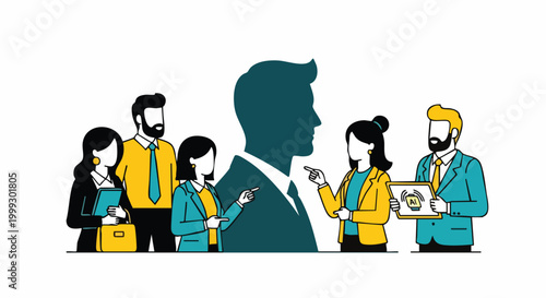 Business team discussing AI technology with large leader silhouette