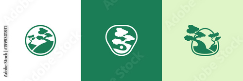 Set of three bonsai tree landscape icons in green across circle, shield, and rounded badge frames. Minimal, versatile mark for nature, wellness, golf, or eco brands.