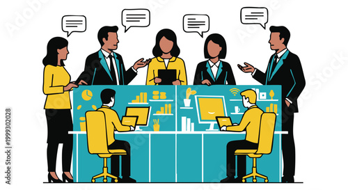 Business team discussing project around office desk with computer work