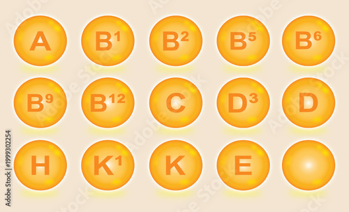 Vector illustration of a set of multivitamin icons A, B1, B2, B5, B6, B9, B12, C, D3, D, H, K1, K, and E for health supplements. Orange bubbles in a flat design style.