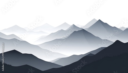 Layers of misty mountains receding into the distance in shades of gray and blue against a white sky
