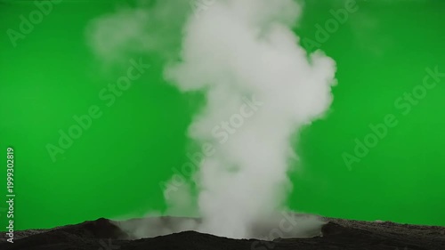 Volcanic eruption releasing white steam and smoke against a vibrant green background.