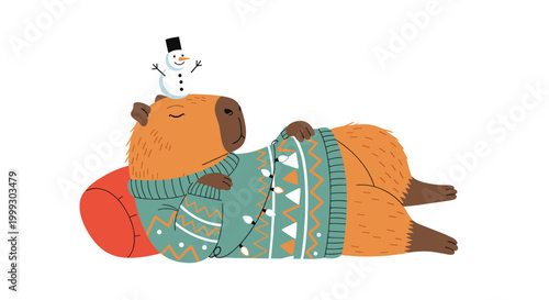 Cute capybara sleeping on a pillow wearing a festive holiday sweater with a tiny snowman on its head against a white background.