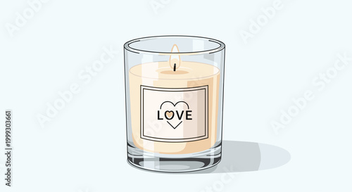 Lit scented candle in a glass jar featuring a beige label with the word love and a small heart icon on a light blue background.