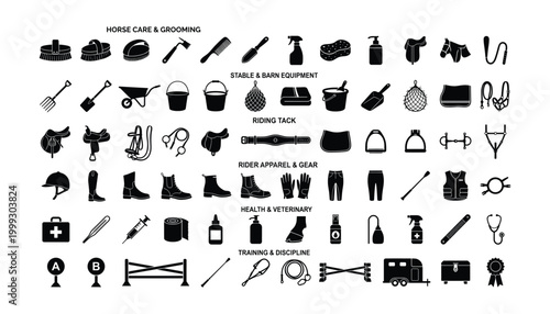 Horse care grooming stable riding and veterinary equipment icons, vector collection on transparent.