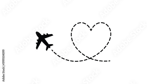 Airplane with dashed heart shape path vector on transparent background airplane traveling symbol.