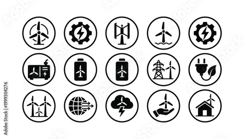 Renewable energy icons set vector wind turbine solar panel battery power grid plug.