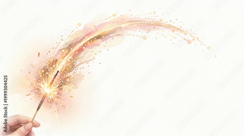 Obraz premium Fingers grasp a burning sparkler, radiating bright golden light and swirling artistic sparks