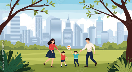 Happy family with two children plays football in a green city park with a modern urban skyline in the background.