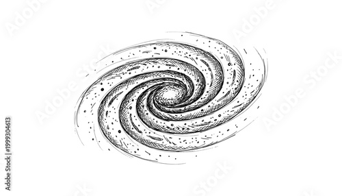 Black spiral galaxy sketch with stars and circles on transparent background vector.