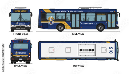 University of Technology campus shuttle bus front side back top views vector.
