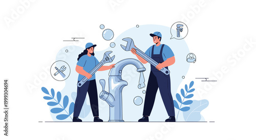 Two professional plumbers work together to repair a large chrome faucet with their tools in a clean, modern setting.