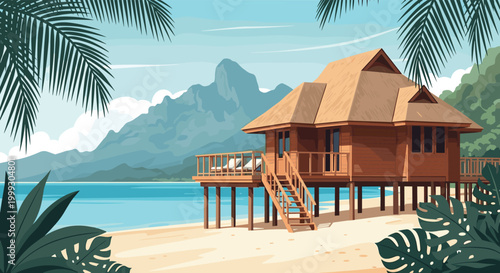 Beautiful tropical wooden bungalow stands on a sandy beach with palm trees and a majestic mountain in the distance.