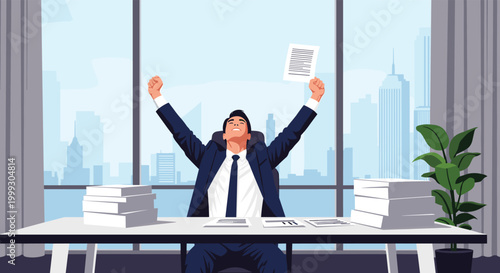 Victorious businessman raises his arms in celebration at his office desk with stacks of paperwork and a city view.