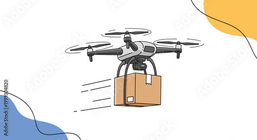 Modern delivery drone carrying a cardboard box package over a white background with abstract blue and yellow shapes.