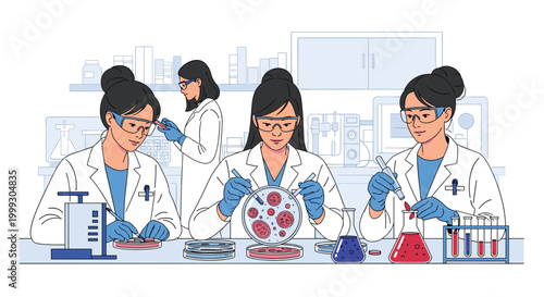 Group of female scientists in white coats and safety goggles conducting research with cell cultures in a modern laboratory.