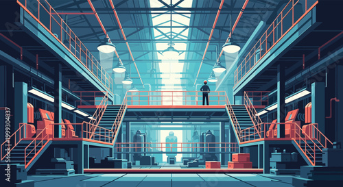 Vast industrial factory interior features high ceilings, walkways, heavy machinery, and a lone worker observing the floor.