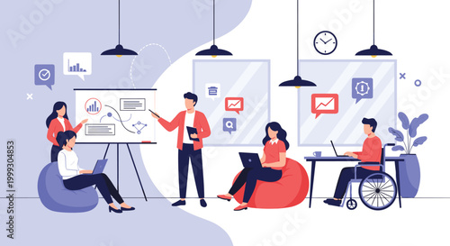 Collaborative office team working on data visualization and project planning in a bright modern workspace with comfortable bean bags.