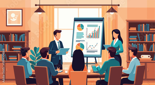 Business team attending a data analysis presentation in a professional boardroom with bookshelves and large charts on a flipchart.