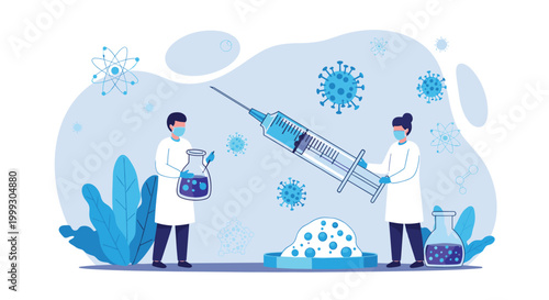 Medical researchers in protective gear working with a giant syringe and chemical flasks to develop a vaccine against viruses.