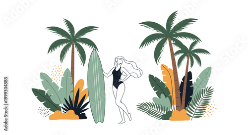 Stylized illustration of a woman surfer standing with her board among tropical palm trees and lush green leaves.