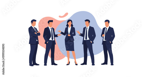 Group of diverse business professionals in formal suits standing together in front of abstract shapes representing corporate teamwork.