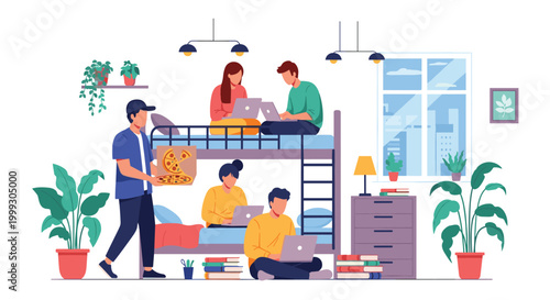Group of students relaxing and studying in a dormitory room with bunk beds, laptops, plants, and a person bringing pizza.