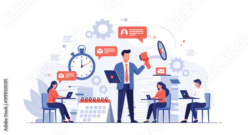 Business leader with a megaphone directing and motivating office employees amid high workloads and busy schedules.