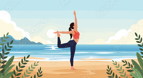 Young woman practicing a yoga pose on a peaceful sandy beach at sunrise with the ocean and mountains in the background.