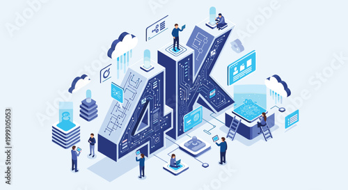Large isometric 4K technology concept showing a digital ecosystem with tiny people, circuits, and data cloud storage icons.