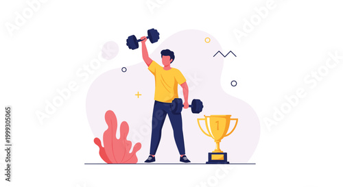 Strong man lifting heavy dumbbells during a workout session with a gold winner trophy standing next to him for motivation.