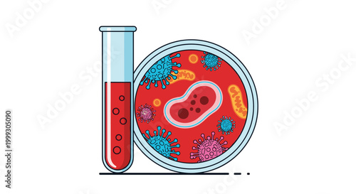 Microscopic view of various virus and bacteria shapes in a petri dish next to a test tube filled with a red blood sample.