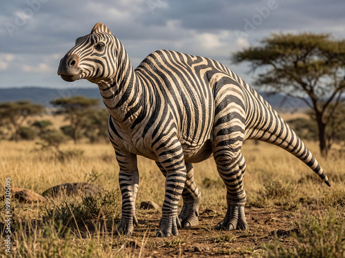 Realistic dinosaur zebra hybrid with striped skin and powerful body
